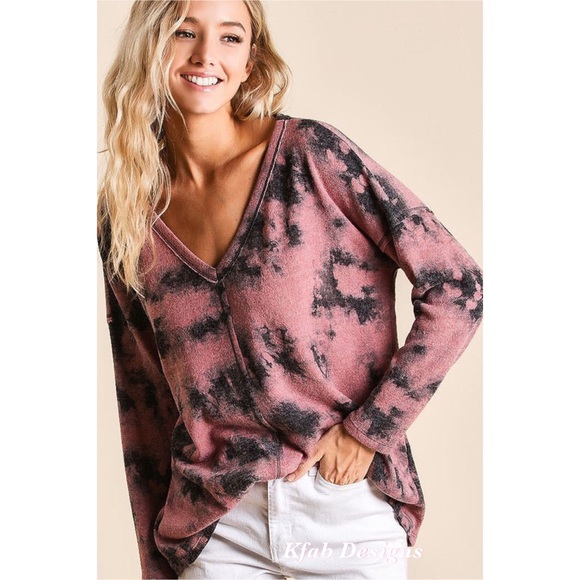 ❤️LAST 1! Pink/Burgundy Tie Dye V Neck Knit Top - Picture 4 of 4